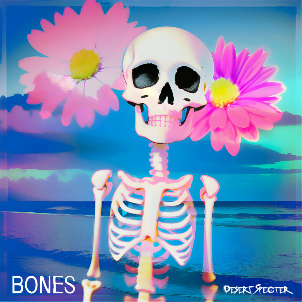 Bones song single by Desert Specter, trans genderfluid skeleton with flowers on the beach album art